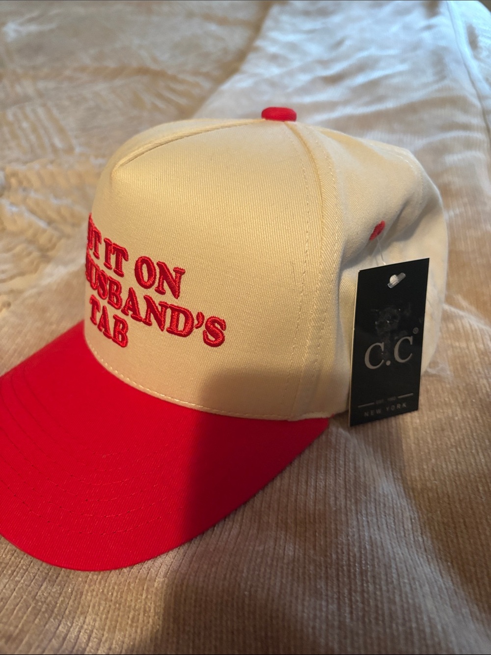 C.C Cream and Red Embroidered Trucker Hat